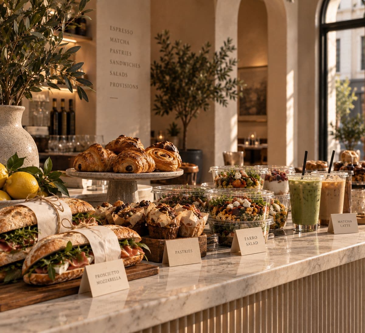 Charm counter in morning light with pastries, sandwiches and salads on marble