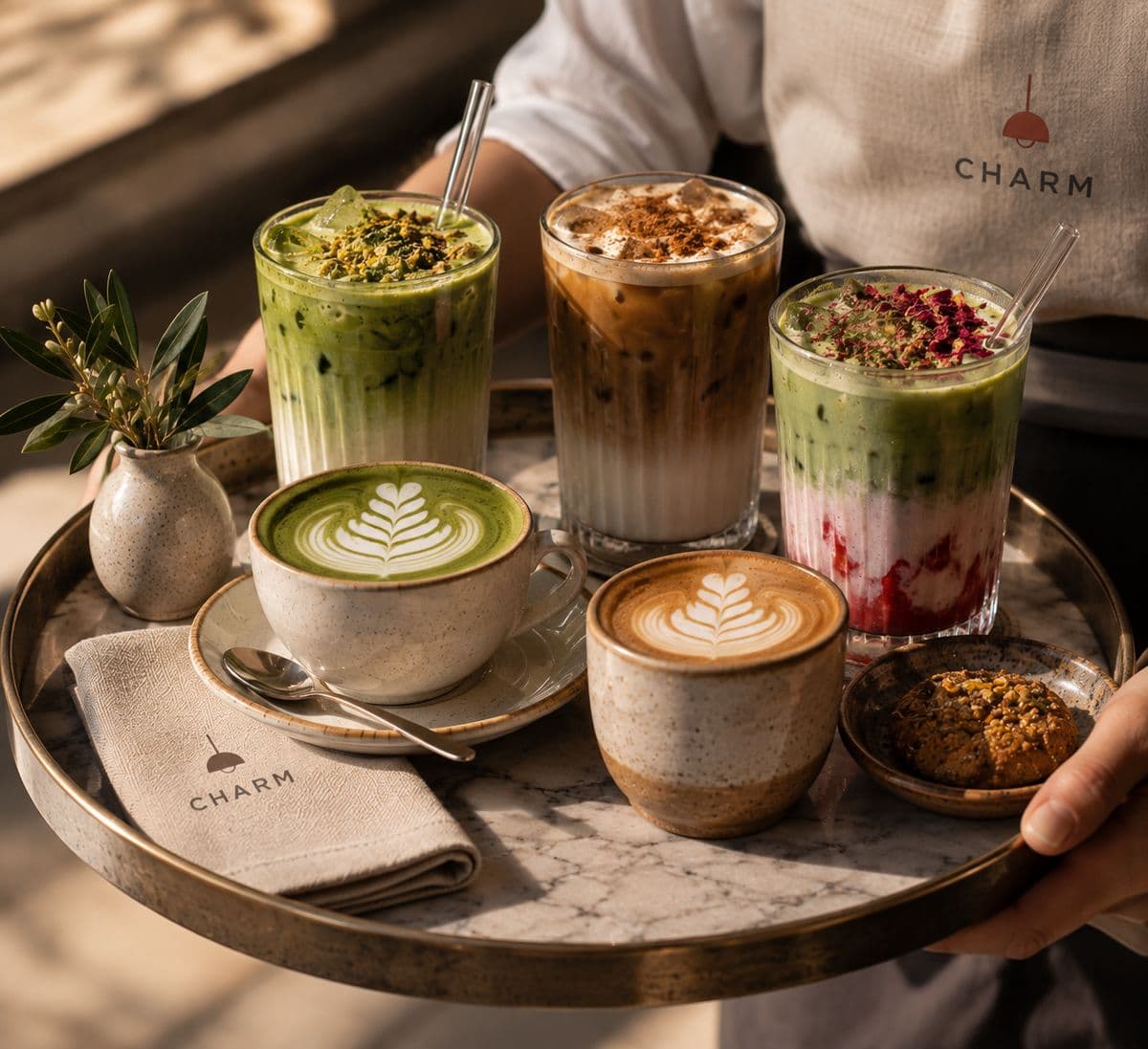 Server in a Charm apron carrying a marble tray of matcha lattes, iced coffee and a cookie